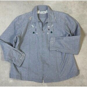 Vintage 90s L.L. Bean Womens Floral Tree Stitched Flannel Chamois Zip Jacket